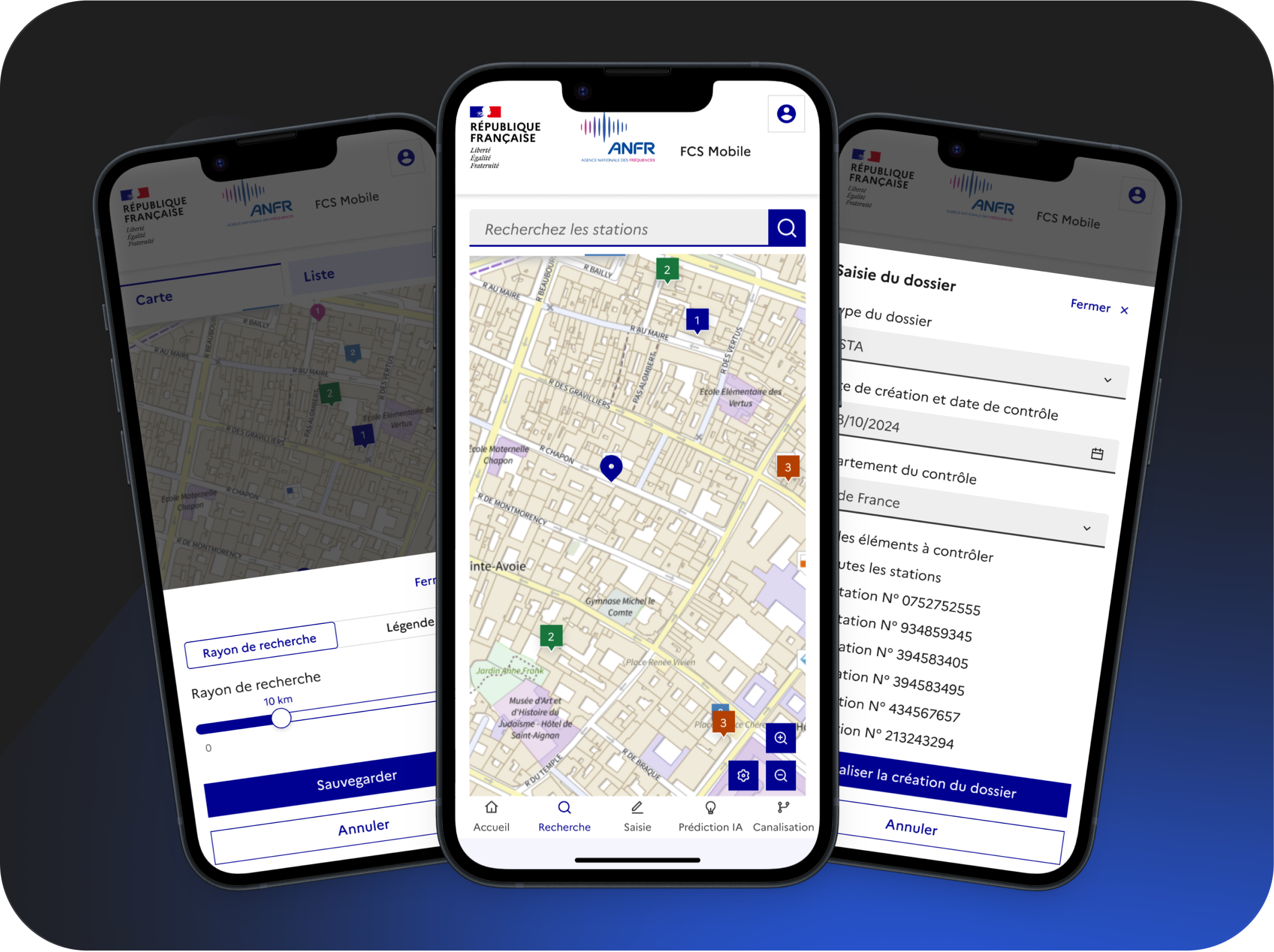 Captures de l'application mobile ANFR affichant une carte interactive, une interface de recherche de stations et un formulaire de saisie de dossier.