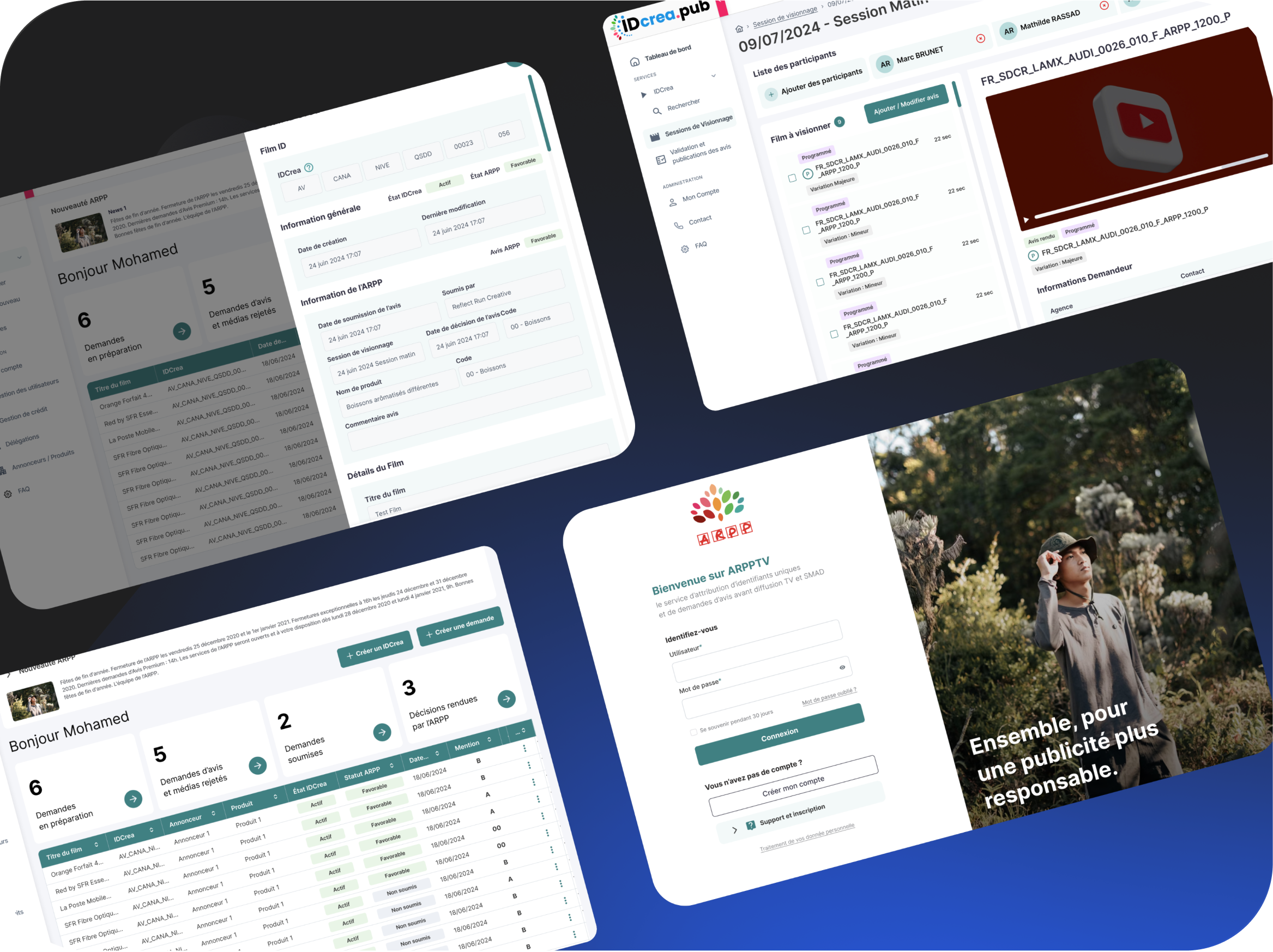 Interface de la plateforme ARPP TV montrant les écrans de dépôt de contenus, d'espace utilisateur et de connexion.