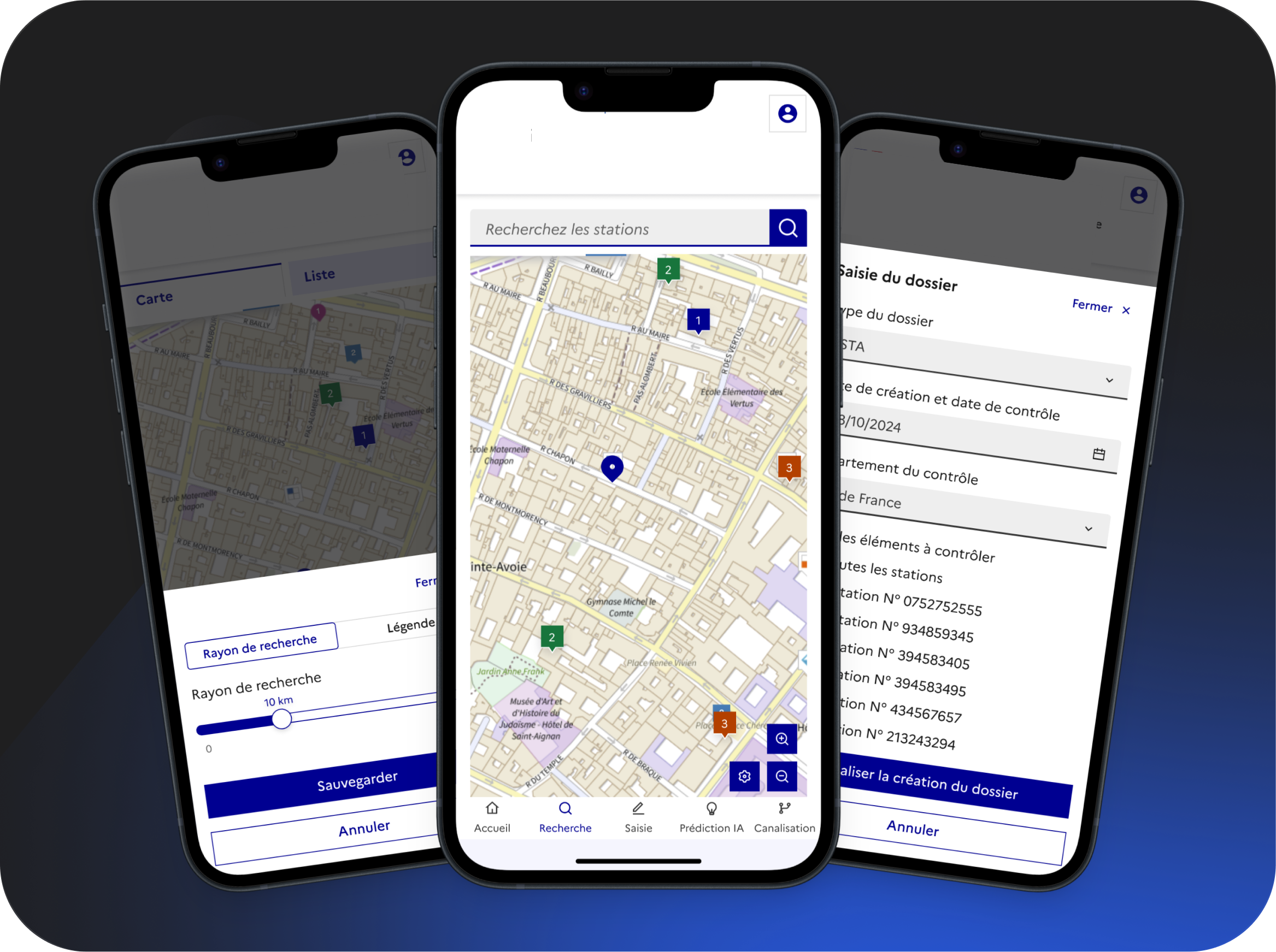 Captures de l'application mobile ANFR affichant une carte interactive, une interface de recherche de stations et un formulaire de saisie de dossier.